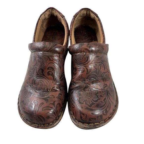BOC Born Concepts Clogs Size 7.5 Womens Shoes Brown Tooled Embossed Floral Vegan - Picture 3 of 10
